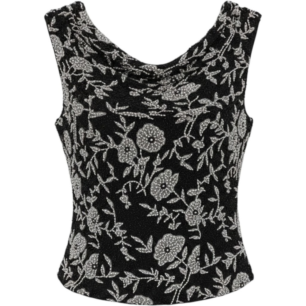 Vintage Cecily Brown Women Black White Beaded Silk Floral Cowl Back Top MEDIUM